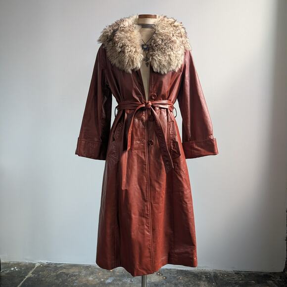 Vintage Leather Jacket Fur Trim Red 70s Penny Lane Boho Trench Afghan Coat Large - Picture 2 of 10